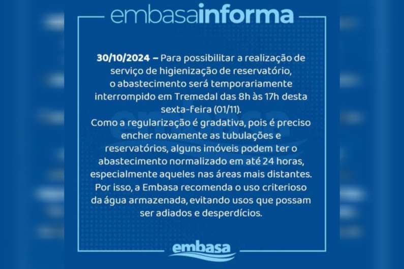 Embasa comunica interrupção no abastecimento de água em Tremedal