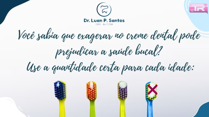 Você sabia que exagerar no creme dental pode prejudicar a saúde bucal? Use a quantidade certa para cada idade