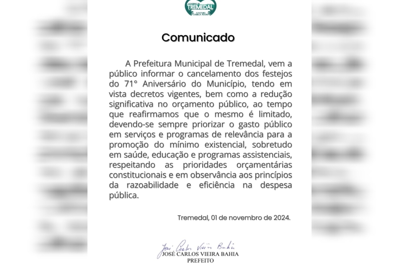 Prefeitura de Tremedal anuncia cancelamento dos festejos do 71º aniversário