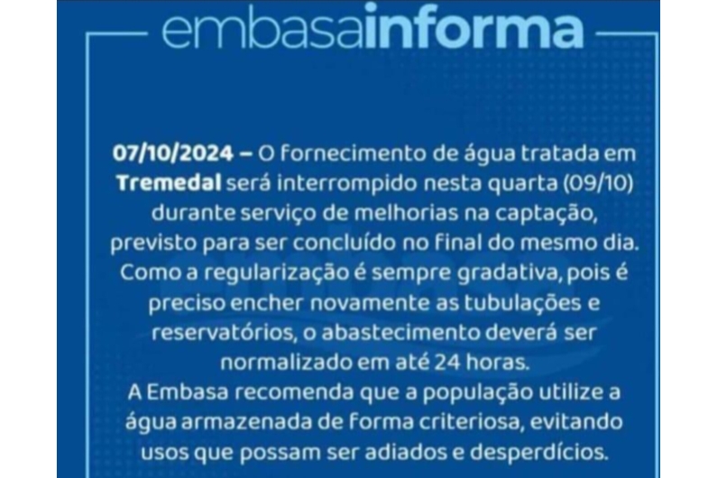 Embasa informa a interrupção de água tratada na quarta-feira